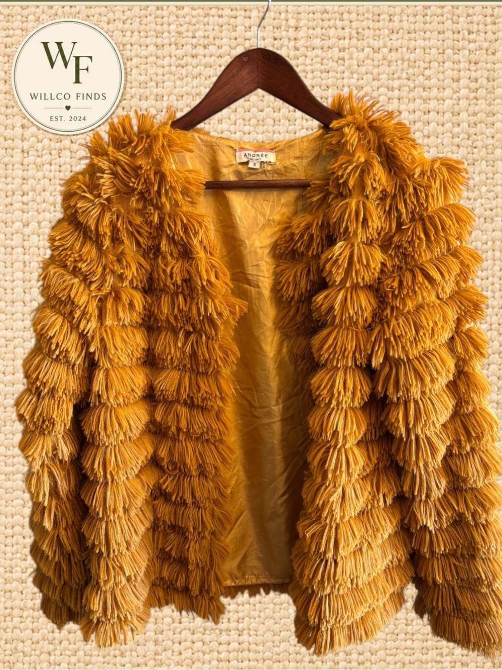 Andrée by Unit Women’s Mustard Gold Shag Fringe Jacket Boho Size S